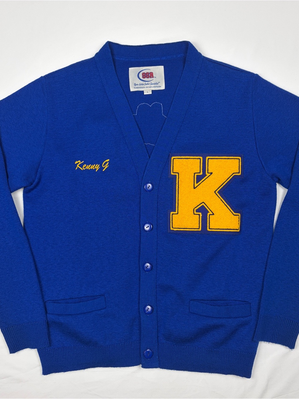 Vintage Style Varsity Letterman Cardigan Sweater Chenille Patch Blue Yellow L
